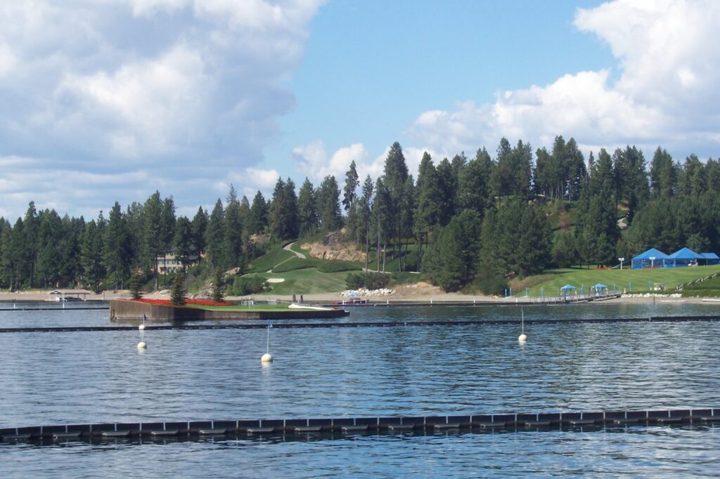 The 14th green of Coeur d’Alene Resort's renowned golf course is wholly in the lake, and often moves.