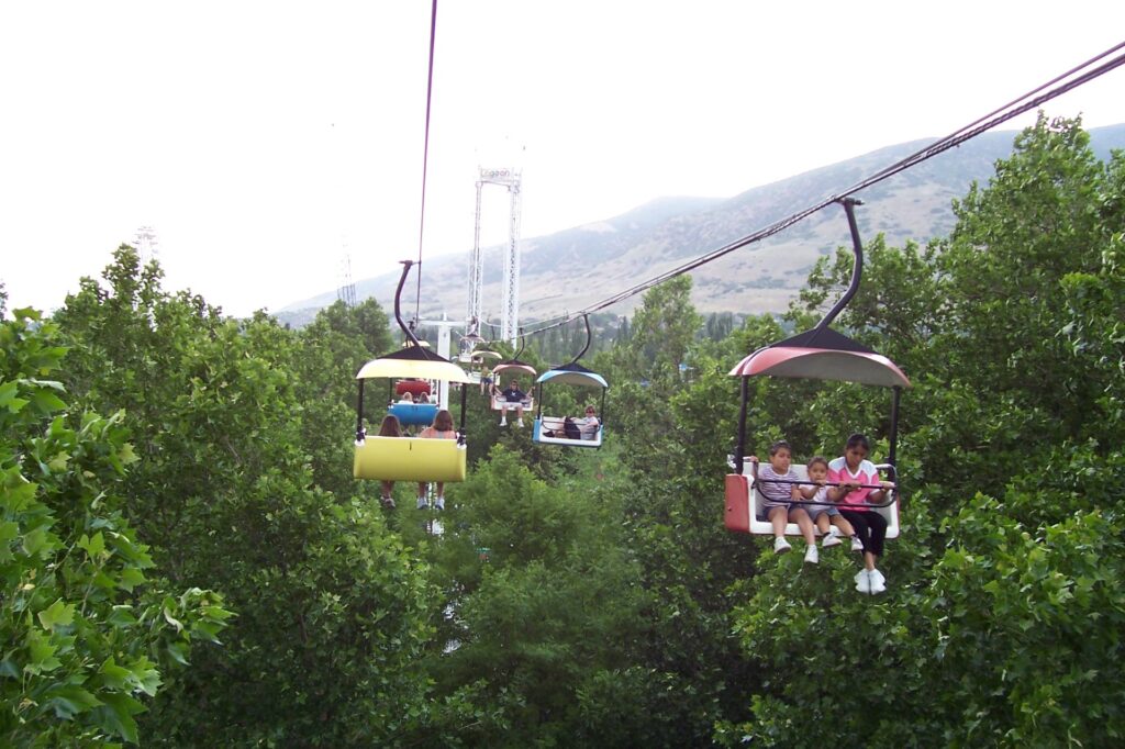 The 10-minute imitation ski lift ferries visitors from one end of Lagoon amusement park to the other. 