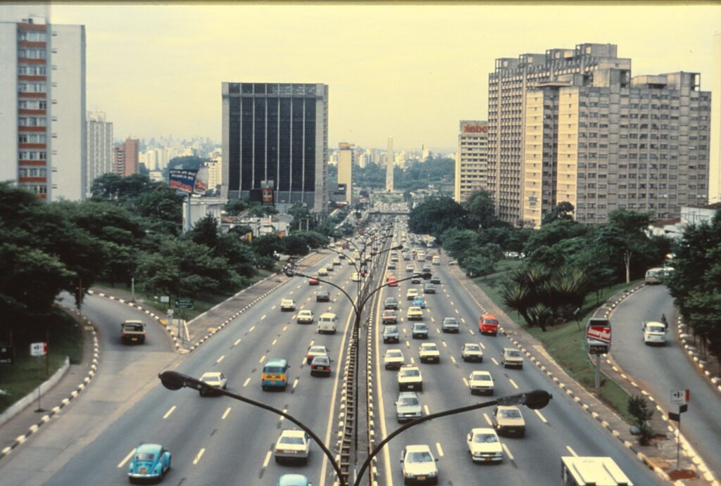 The view from a bridge overlooking one of Sao Paulo's major traffic arteries, Vale do Anhangabau.