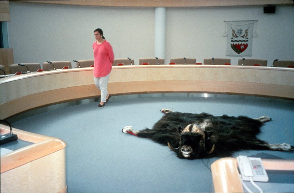The Northwest Territories Legislative Assembly structure, completed in 1993, has a distinctly arctic feel. The Chamber, for example, has its seats and podiums encircling a polar bear skin. T